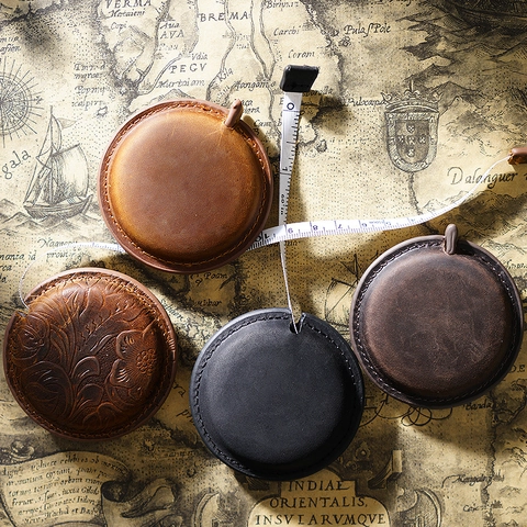 Vintage Crazy Horse Leather Mini Retractable Tape Measure Double Sided Automatic Measuring Tool Portable Pocket Handmade