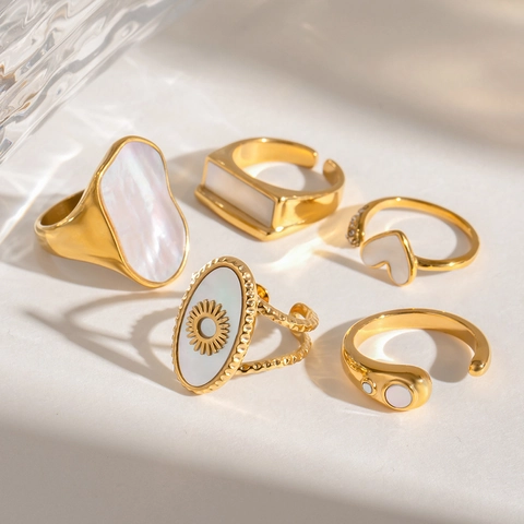 Stainless Steel White Shell Open Rings For Women Gold Plated Geometric Heart Sun Rhinestone Adjustable Jewelry Finger Ring