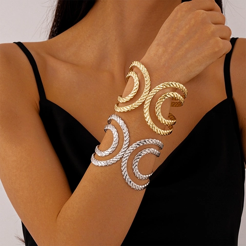 Twisted Rope Texture Open Cuff Bangle Bracelet Wide Hollow Geometric Metal Statement Jewelry For Women Vintage Style