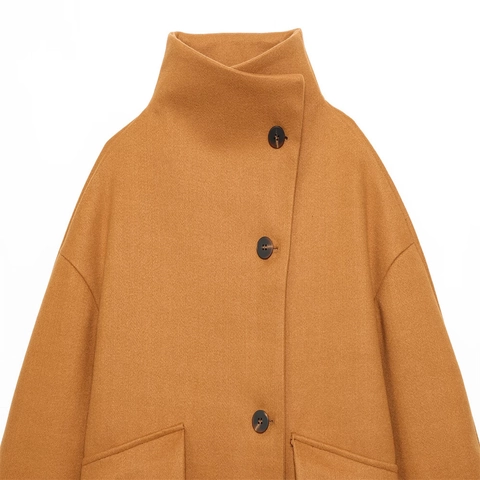 Women Woolen Jacket Stand Collar Single Breasted Short Coat With Large Pockets Casual Elegant Solid Color