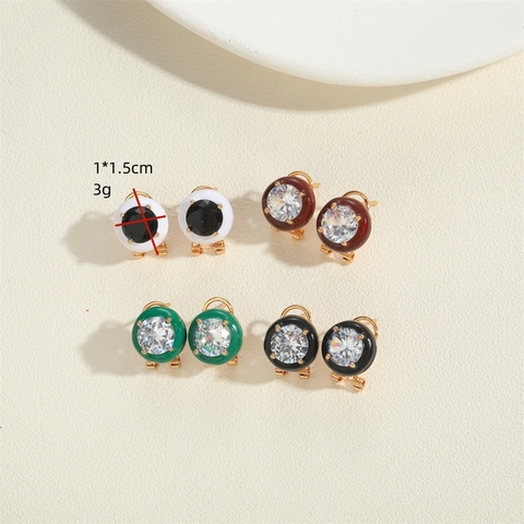 Vintage Copper Rhinestone Enamel Round Stud Earrings For Women Minimalist Geometric Gold Plated Elegant Jewelry Daily Gift