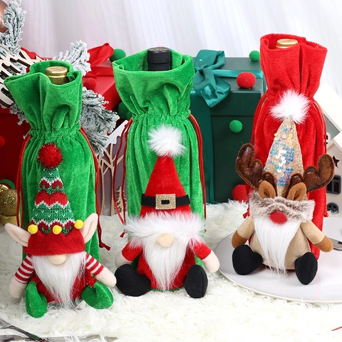Fundas Para Botellas De Vino Navideñas Terciopelo Gnomo Reno Papá Noel Bolsas Regalo Con Cordón Decoración Mesa