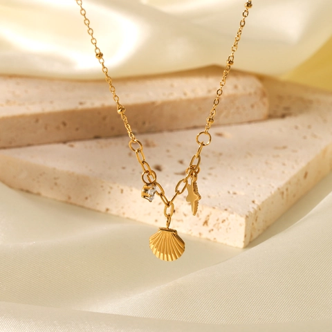 Collana Con Ciondolo Stella Marina Conchiglia Oceano Acciaio Inossidabile Zircone Perla Artificial Placcato Oro Gioielli Mare