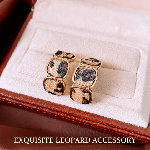 Orecchini Geometrici Leopardati Rame Placcato Oro 18K Con Perno In Argento Sterling 925 Retro Pelo Di Pony Sintetico Donna