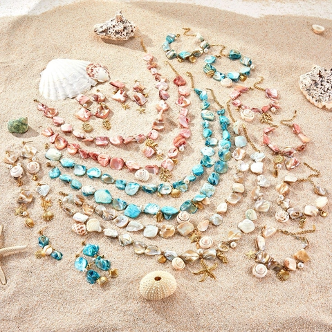 Bohemian Stainless Steel Ocean Shell Starfish Jewelry For Women Pink Blue White Shell Pearl Necklace Earrings Bracelet Beach Accessories