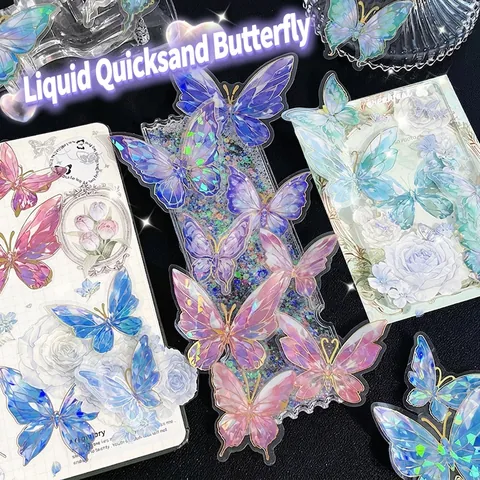 Holografische Laser Vlinder Stickers PET Goudstempelen Materiaal Voor Scrapbook DIY Journaling Waterdicht Esthetisch
