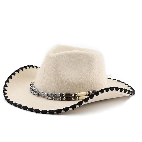 Cappello Da Cowboy Western Vintage Fedora Tesa Larga Fascia Perline Etniche Bordo Cucito Retro Jazz Cappello Performance Outdoor