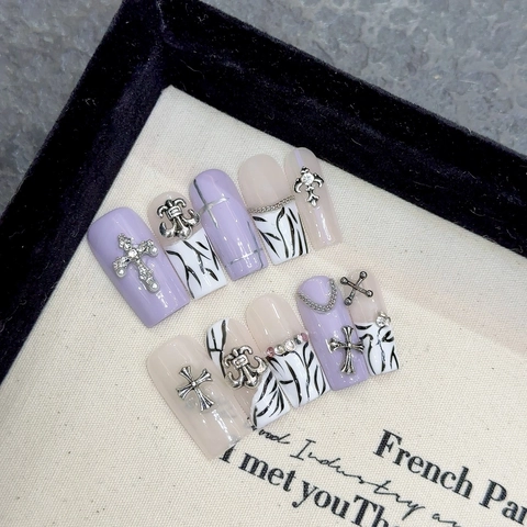 Handmade Gothic Press On Nails Long Coffin Shape Lilac Purple Zebra Print Alloy Cross Chain Rhinestone Decorative Fake Nails