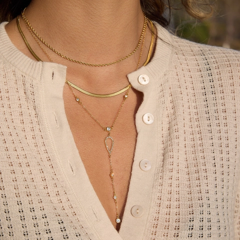 Stainless Steel Y Necklace 18K Gold Plated Zirconia Waterdrop Tassel Lariat Long Sweater Chain For Women Jewelry