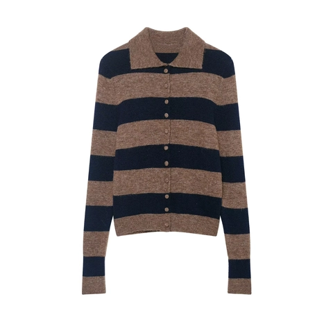 Women Vintage Striped Knitted Cardigan Sweater Long Sleeve Polo Neck Button Up Color Block Casual Knitwear Pullover Top