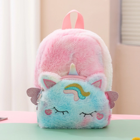 Süßer Cartoon Einhorn Plüsch Rucksack Für Mädchen Kinder Macaron Farbverlauf Schultasche Mit Pailletten Flügeln Bestickter Tagesrucksack