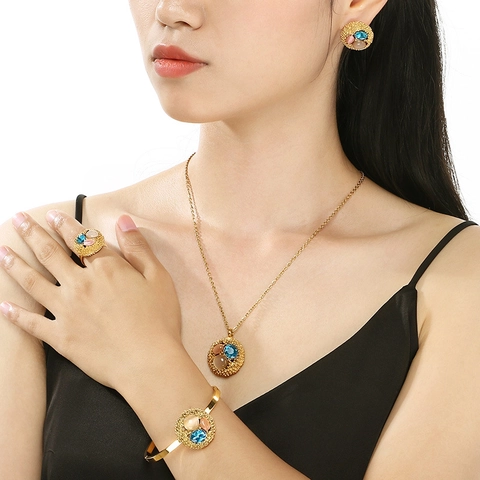 Edelstahlschmuck Vergoldete Halskette Ohrring Ring Armband Mit Katzenauge Stein Kristall Vintage Elegant Für Damen