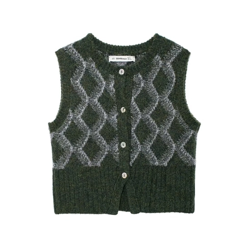 Dames Vintage Argyle Gebreide Sweater Vest Cardigan Met Knopen Ronde Hals Mouwloos Retro