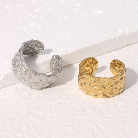 Anello Aperto In Acciaio Inossidabile Con Texture Martellata Placcato Oro 18K Stile Punk Gioielli Minimalisti Da Donna