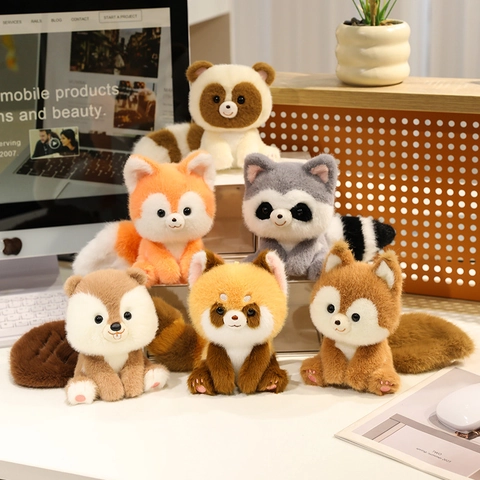 Cute Forest Animal Plush Stuffed Toy Raccoon Fox Red Panda Squirrel Soft Faux Fur Desktop Decor Comfort Doll For Kids Adults
