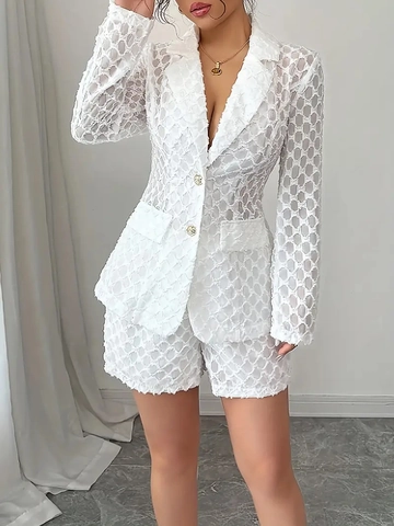 Dames Blazer Jasje En Shorts Elegant Wit Jacquard Kant Hol Lange Mouwen Chique Outfit