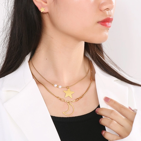 Stainless Steel Jewelry Pentagram Star Moon Pendant Multi Layer Necklace Stud Earrings With Artificial Pearl Women Fashion