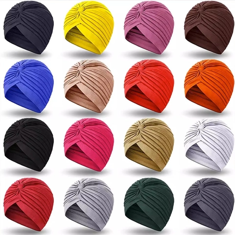 Women Pleated Turban Hat Soft Polyester Knotted Chemo Cap Breathable Head Wrap For Hair Loss Ethnic Style Fashionable
