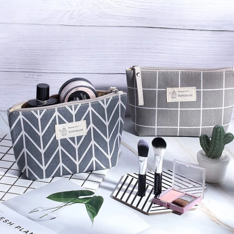 Canvas Makeup Bag Large Capacity Toiletry Pouch Portable Travel Wash Bag Geometric Printed Zipper Storage Case