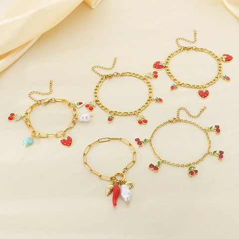 Roestvrijstalen Fruit Charm Armband Verguld Aardbei Kers Zomer Strand Sieraden Voor Vrouwen Zoet Trendy Verstelbaar