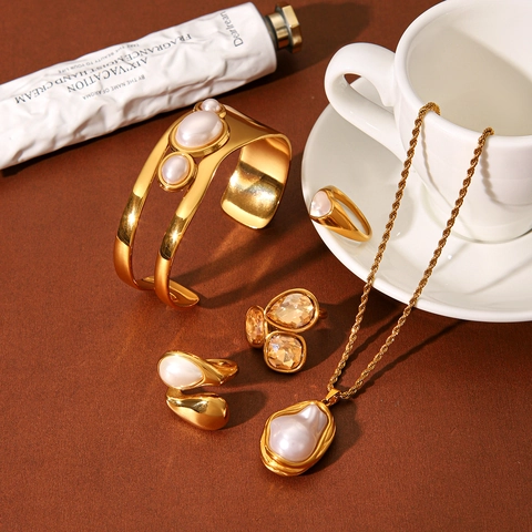 Collar Y Pulsera Y Anillos Vintage Acero Inoxidable Dorado Perla Artificial Cristal Champán Corazón Concha Para Mujeres