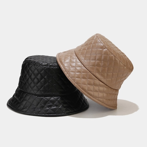 Quilted Bucket Hat PU Leather Diamond Lattice Warm Winter Outdoor Fashion Casual Flat Top Short Brim For Women