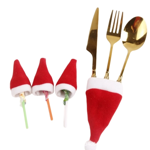 Mini Chapeaux De Noël Porte Couverts Housses De Bouteille De Vin Décoration Tissu En Peluche Doux Accessoires De Table