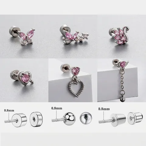 Titanium Steel Ear Cartilage Studs Pink Zircon Heart Butterfly Swan Cupid Arrow Piercing Jewelry For Women