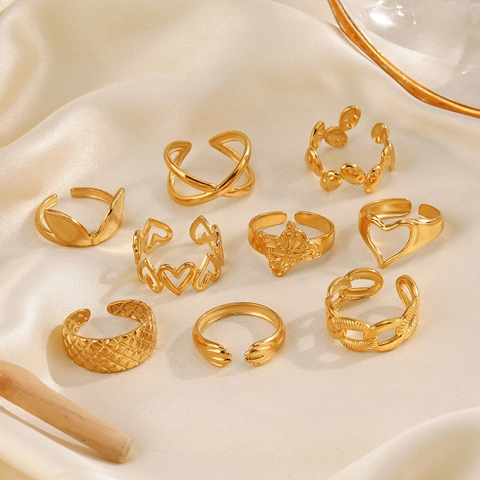 Fashion Stainless Steel Rings For Women 18K Gold Plated Adjustable Open Ring Heart Butterfly Geometric Hip Hop Style