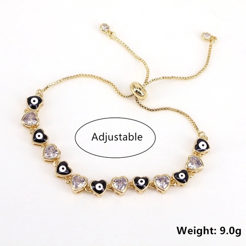 Bracciale Regolabile Cuore Malocchio Ottone Placcato Oro 18K Smalto Zirconia Catena Bolo Per Donna