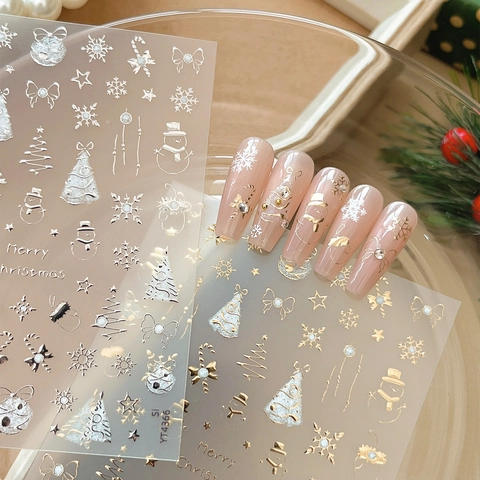 Christmas Nail Art Stickers Gold Silver Foil 3D Relief Snowflake Snowman Bow Self Adhesive Festive Manicure Decoration
