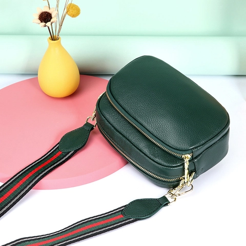 Damen Crossbody Tasche Aus Echtem Rindsleder Litschi Muster Kamera Tasche Multi Reißverschluss Kleine Schultertasche