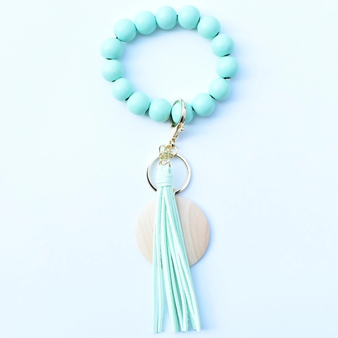 Wood Silicone Beaded Keychain Bracelet Wristlet For Women With Leather Tassel And Wooden Disc Bohemian Style