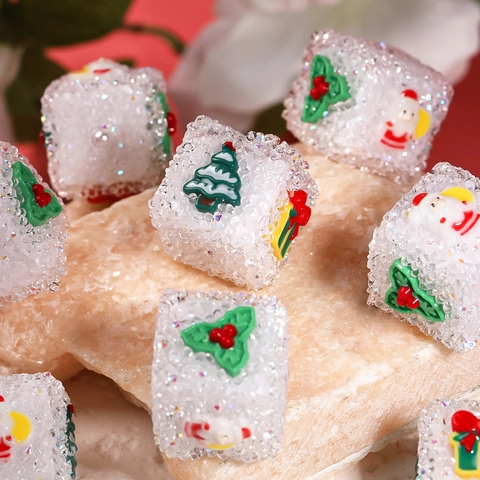 Perles Cube De Noël Strass Texture Sucre Carré DIY Fabrication De Bijoux Père Noël Motif Arbre Accessoire Festif