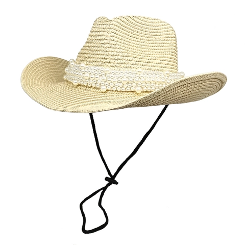 Chapeau De Cowboy En Paille Avec Künstliche Perles Respirant Protection Solaire Extérieur Plage Voyage Style Western Pour Femme