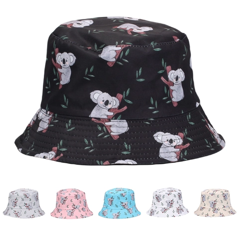 Bucket Hat Cute Cartoon Koala Print Sun Protection Outdoor Fisherman Cap Breathable Polyester For Men Women