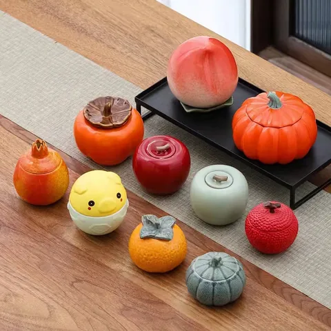 Tarro De Té De Cerámica Forma Realista De Frutas Verduras Calabaza Manzana Lichi Rosa Frasco De Almacenamiento Decorativo