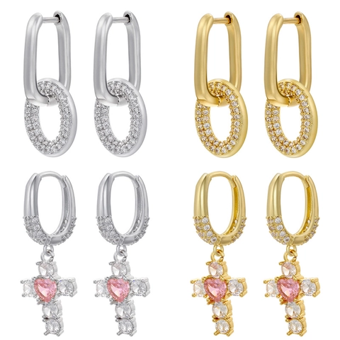 Orecchini a Cerchio di Lusso in Ottone e Zirconia per Donna Oro Argento Cuore Pietra Rosa Croce Pavé Cristallo Gioielli