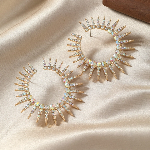 Statement C Shaped Hoop Earrings For Women Alloy Full Rhinestone Sunburst Radiating Design Bohemian Party Jewelry