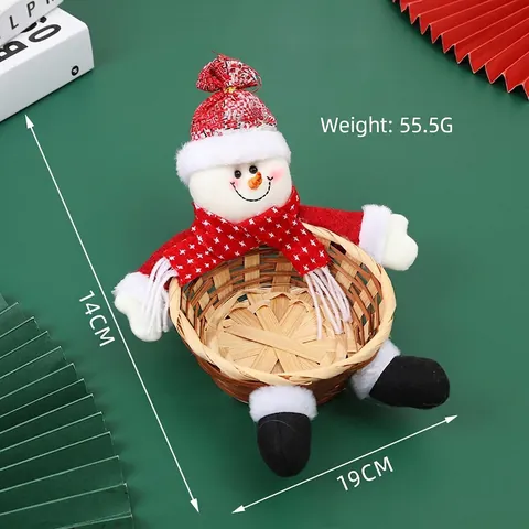 Christmas Candy Basket Bamboo Woven Storage Desktop Decoration Plush Santa Claus Snowman Elk Figure Festive Gift Holder