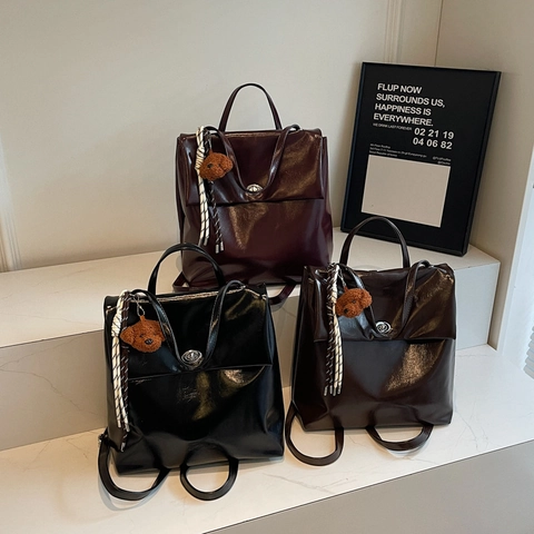 Mochila De Mujer Retro Cuero PU Brillante Gran Capacidad Bolsa Escolar Moda Bolso Minimalista De Viaje