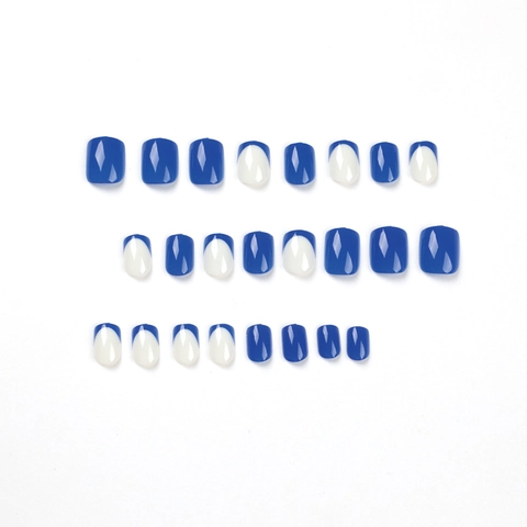 Unghie Finte Corte Quadrate Blu Bianco French Tip Lucido Con Colla Per Donna Manicure Quotidiana Stile Elegante