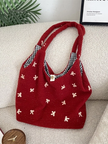 Embroidered Bow Plush Tote Bag Large Capacity Fleece Shoulder Bag With Gingham Lining Retro Sweet Style For Women