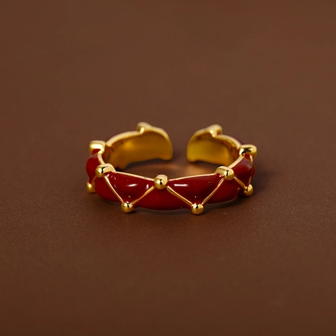 Anillo Ajustable Abierto Cobre Chapado En Oro Esmalte Patrón De Celosía Rayado Joyería Retro Francesa Vintage Mujer