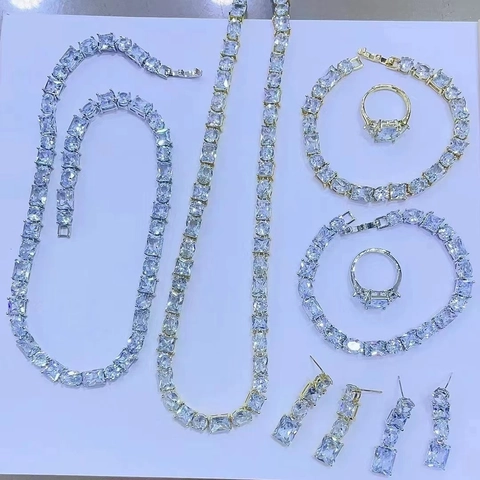Hip Hop Micro Pave Zirconia Jewelry Copper Gold Plated Necklace Bracelet Earrings Ring For Women Men Party Accessories
