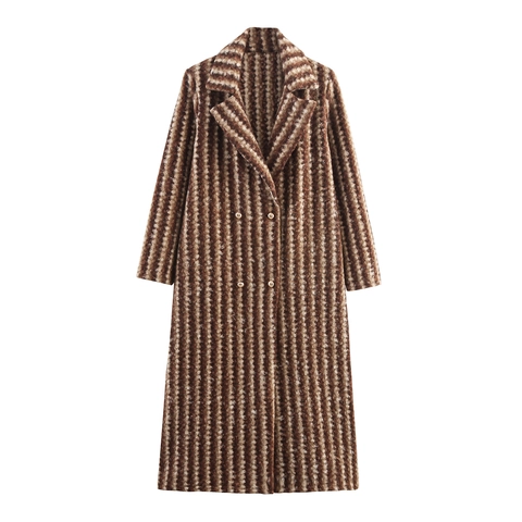 Abrigo Largo Mujer Estilo Británico Marrón Rayas Verticales Boucle Textura Lana Doble Botonadura Botones Dorados