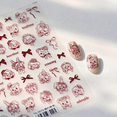 Vintage Nail Art Stickers Hand Painted Cute Cartoon Animal Bear Rabbit Bow Decals For DIY Manicure Red Wine