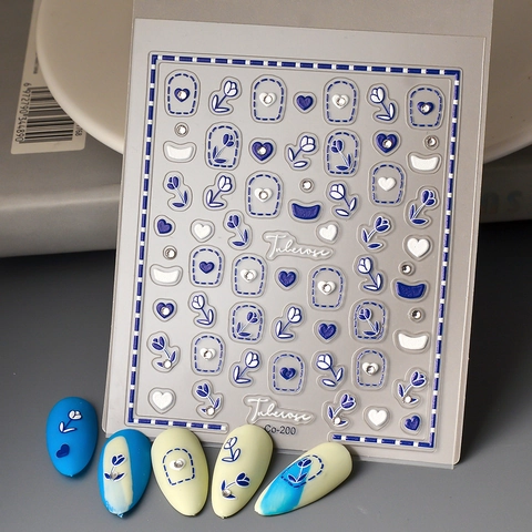 5D Embossed Nail Stickers Blue Tulip Heart Rhinestone Adhesive Waterproof Nail Art Decals For DIY Manicure
