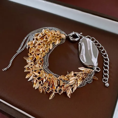Multi-Layer Leaf Tassel Bracelet Alloy Two-Tone Gold Silver Irregular Geometric Decor Fashion Jewelry For Women