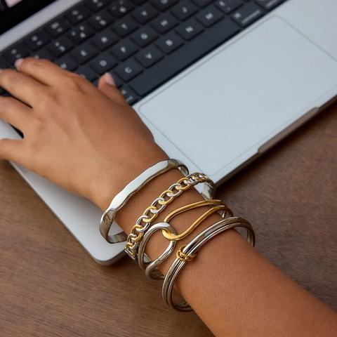Bracciali Rigidi In Acciaio Inossidabile Bicolore Oro Argento Onda Geometrica Impermeabile Gioielli Di Moda Per Donna